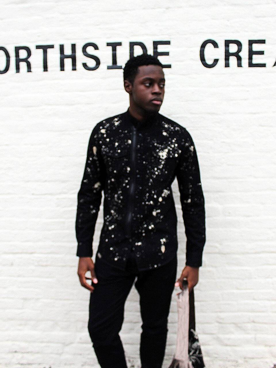 Upcycle black denim shirt with trimming on sleeves, snap fasteners and zipper front, Limited, sewing art
