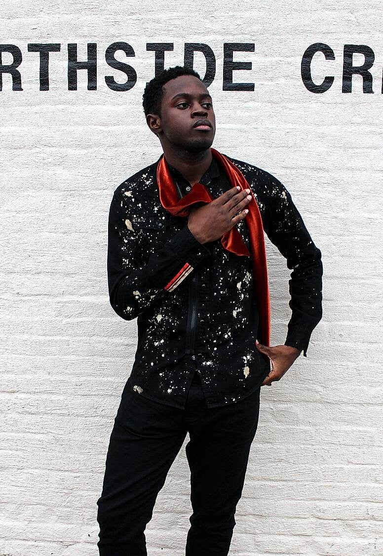 Upcycle black denim shirt with trimming on sleeves, snap fasteners and zipper front, Limited, sewing art