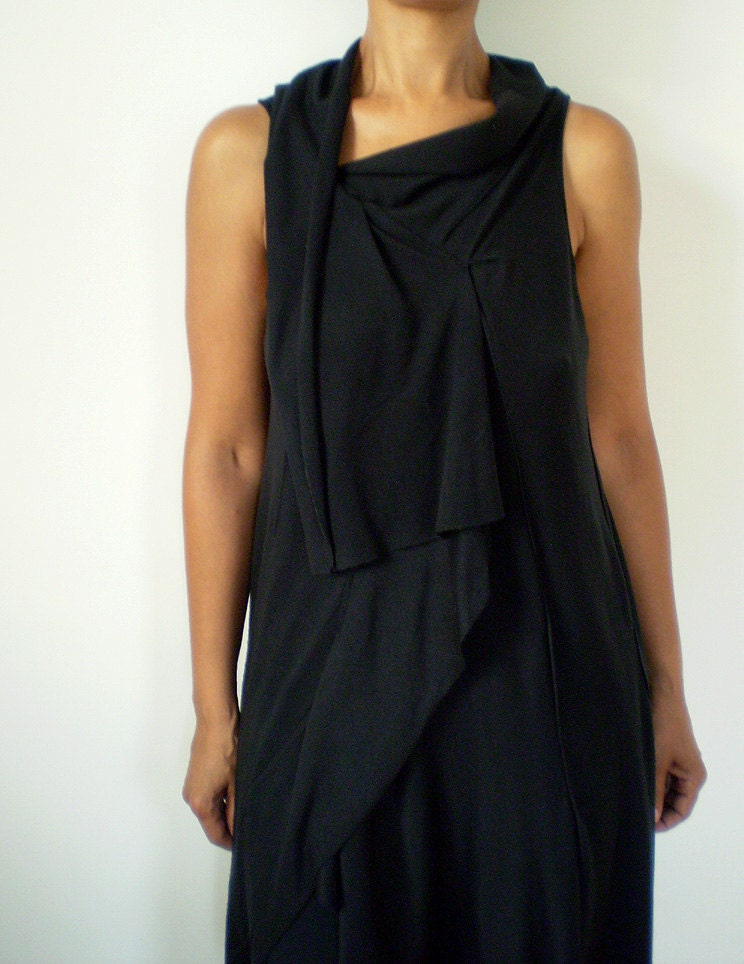 Long Black Asymmetrical Tunic/ Top with long hem on one side/ drape top/stretch cotton lycra/custom orders,by Cheryl Johnston