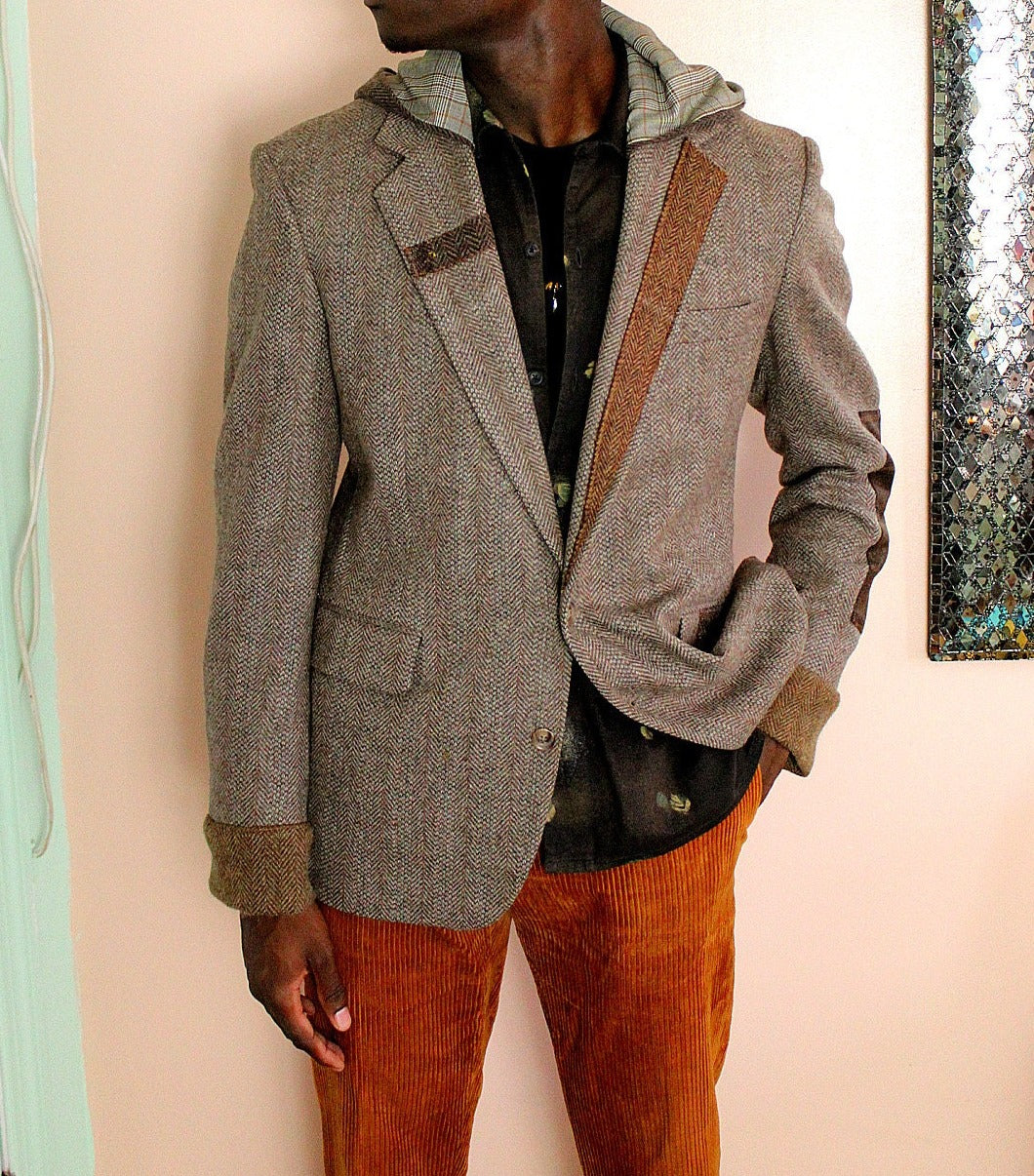 Blazer, jacket, Men's Beige Tweed Hooded Blazer with wool cuffs, repurposed, one of a kind. Designed by Wendel Johnston