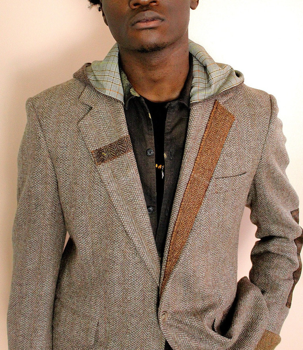 Blazer, jacket, Men's Beige Tweed Hooded Blazer with wool cuffs, repurposed, one of a kind. Designed by Wendel Johnston