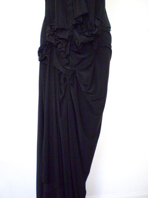 Black Deep V neck supplex jersey Gown with manipulation of fabric, lots of frontal draping,elegant, designed by Cheryl Johnston