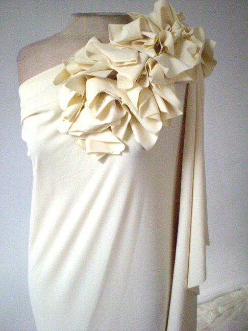 Cream Wedding Dress with Flounce/Order to be made for you in your size/ handmade/Ruffles on bottom/One shoulder very chic wedding dress