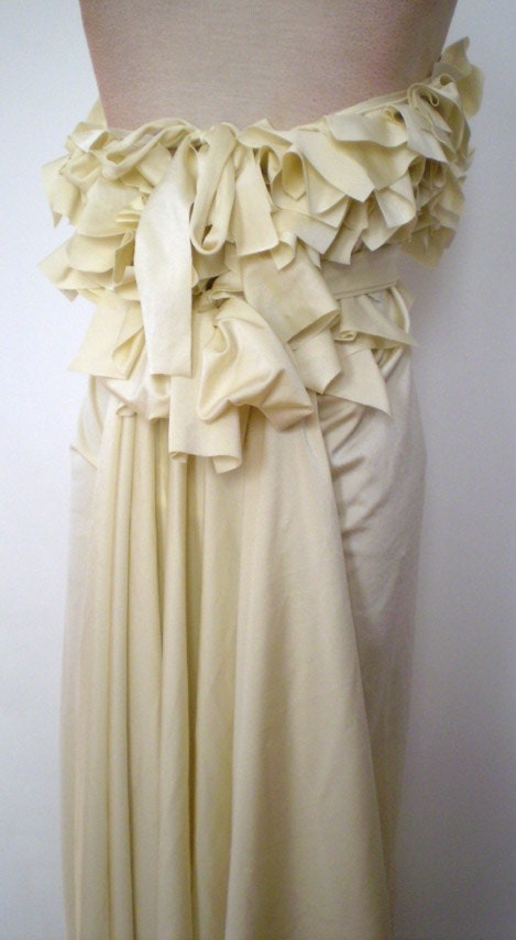 Ivory Empire Wedding Dress with Ruffles/Fabric drapes to create a trail/sash wrap to create bow in the back/handmade by Cheryl Johnston