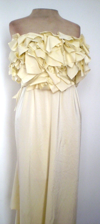 Ivory Empire Wedding Dress with Ruffles/Fabric drapes to create a trail/sash wrap to create bow in the back/handmade by Cheryl Johnston