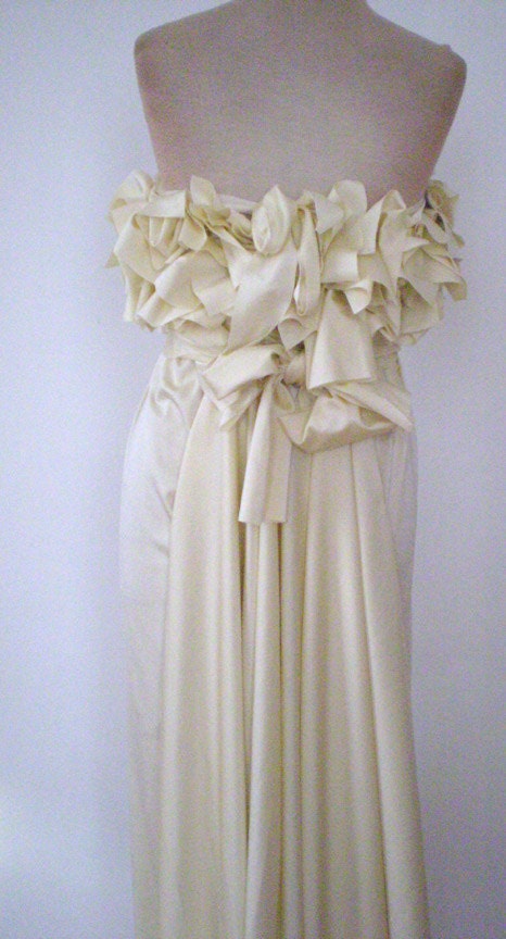 Ivory Empire Wedding Dress with Ruffles/Fabric drapes to create a trail/sash wrap to create bow in the back/handmade by Cheryl Johnston