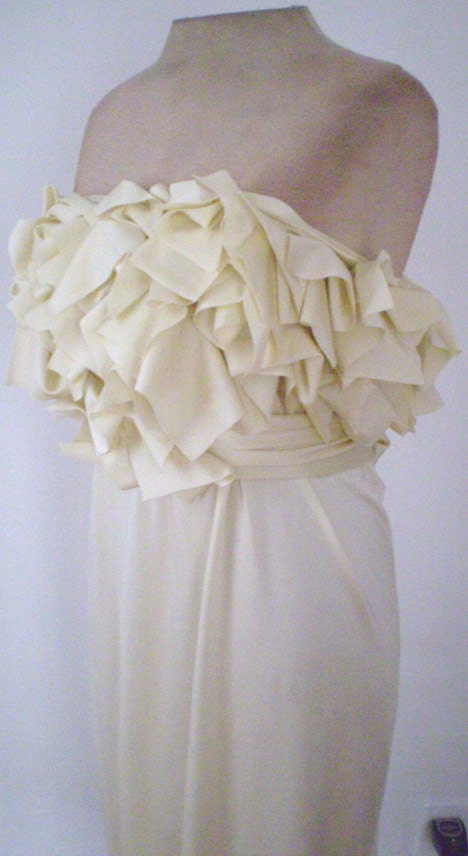 Ivory Empire Wedding Dress with Ruffles/Fabric drapes to create a trail/sash wrap to create bow in the back/handmade by Cheryl Johnston