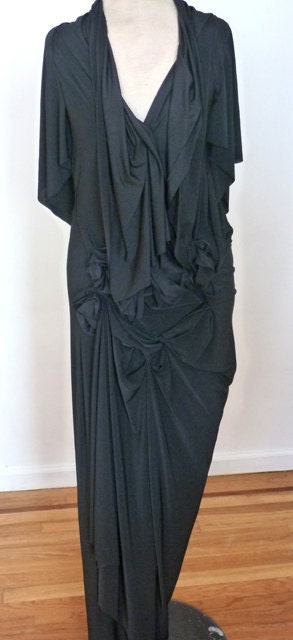 Black Deep V neck supplex jersey Gown with manipulation of fabric, lots of frontal draping,elegant, designed by Cheryl Johnston