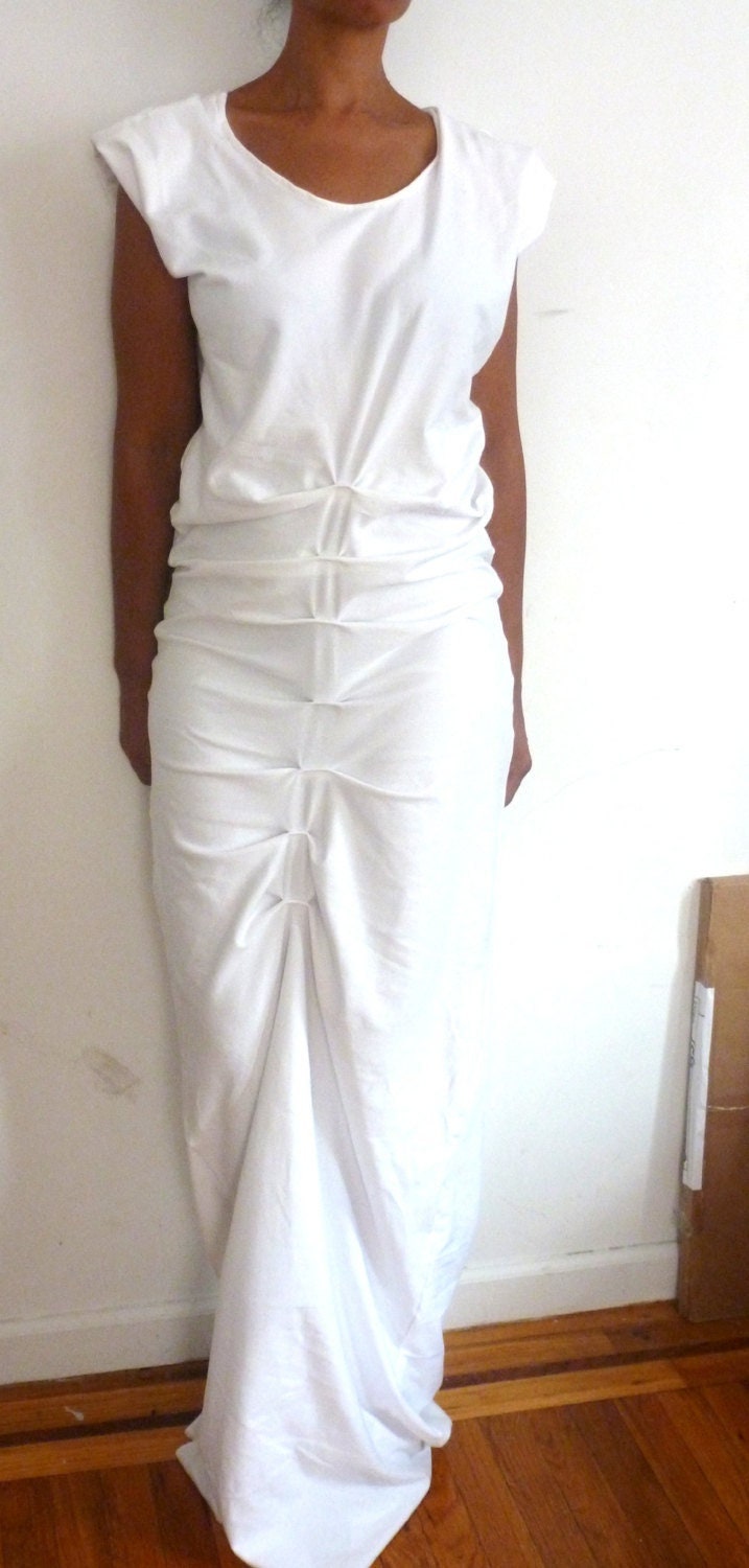 White cotton spandex drape Modern chic wedding dress/ made to order for you especially/ sleeve extended to create look/ by Cheryl Johnston