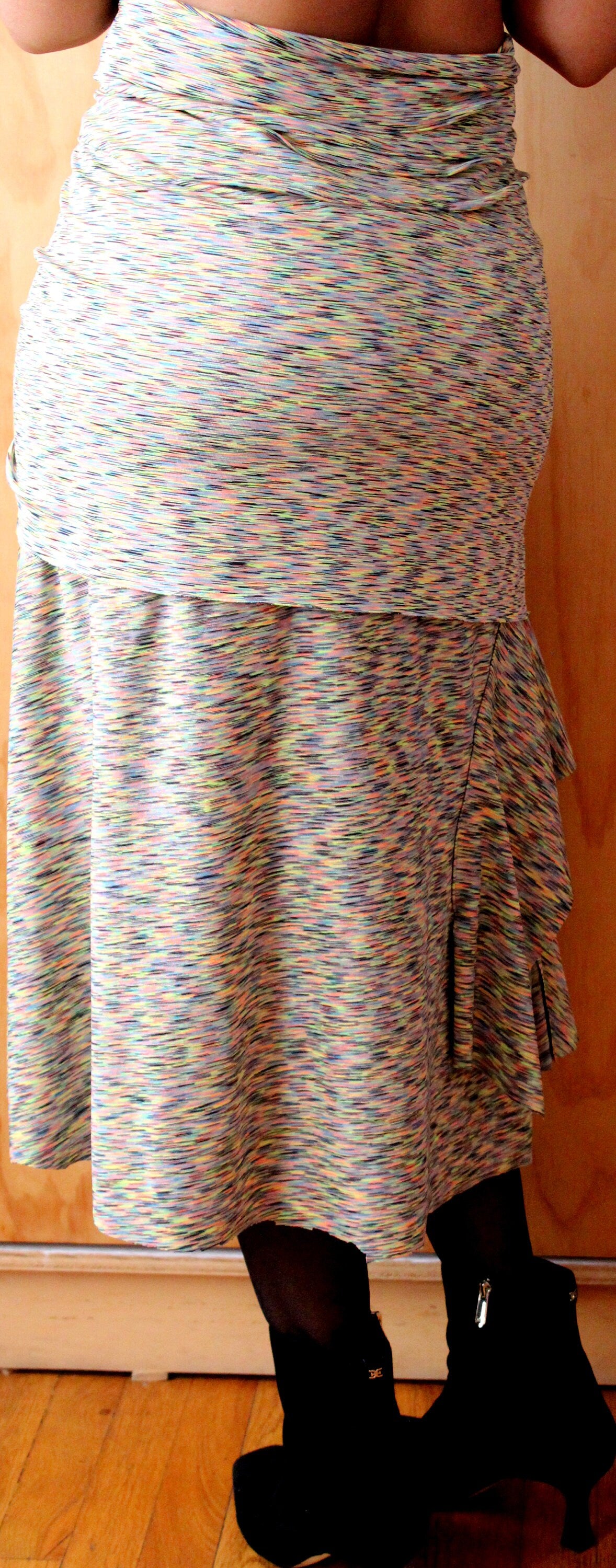 Multi color supplex fabric/flirty drape skirt/ layered detail high waist fitted/asymmetrical hemline/handmade by Cheryldine