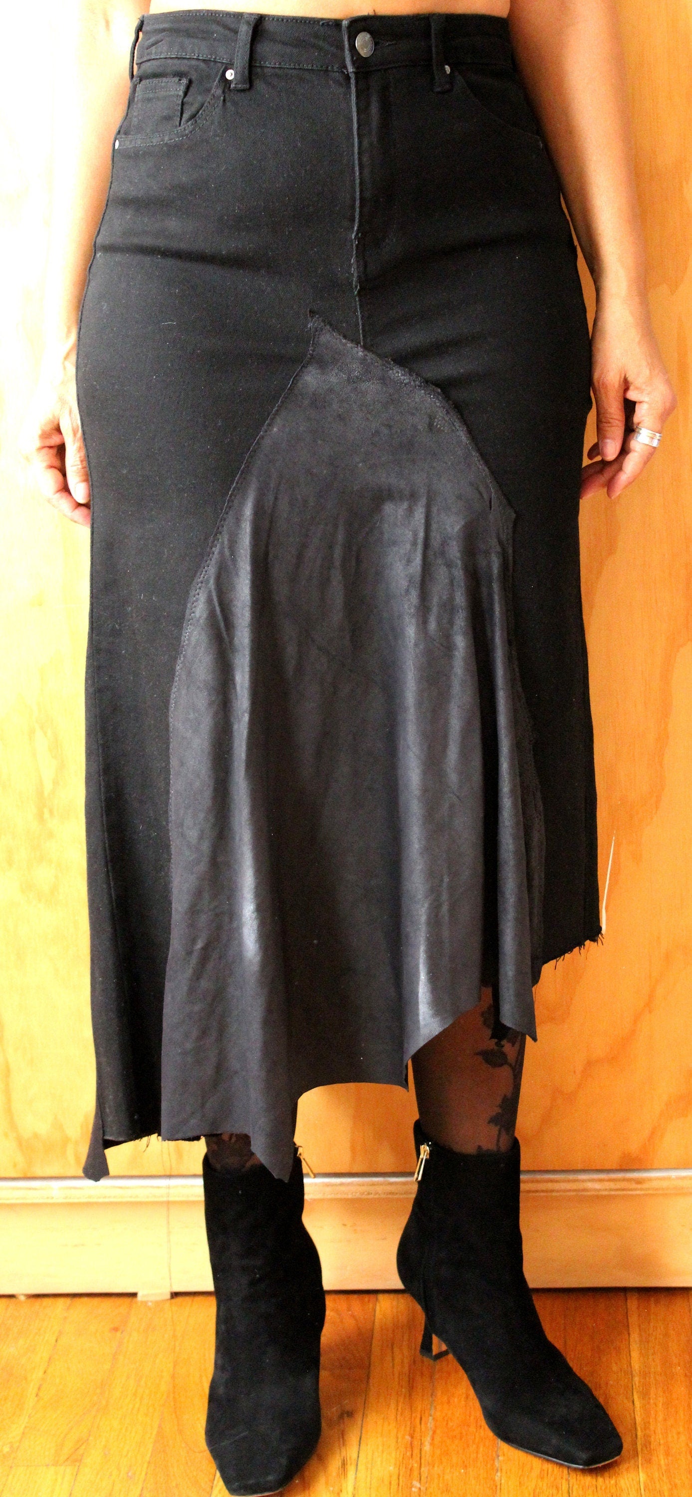 Upcycle size 8 ready to buy/waist 29/hip 40/length 29/stretch denim suede front insert/ preloved washed /by Cheryldine/Free shipping