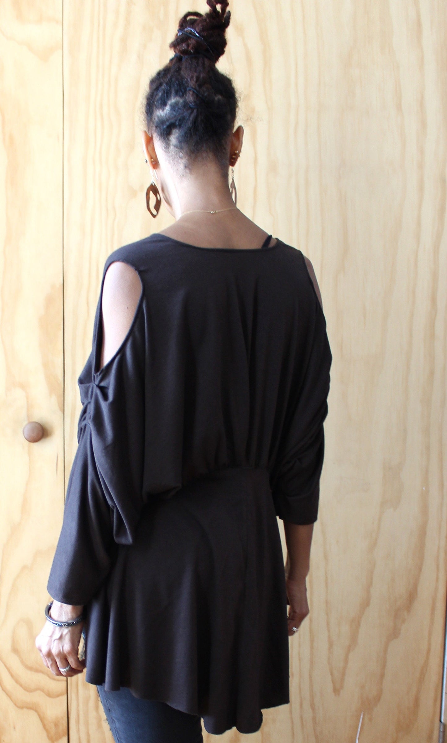 Brown jersey Long sleeve top ,v neck rayon jersey raw edge top, handmade by Cheryl Johnston