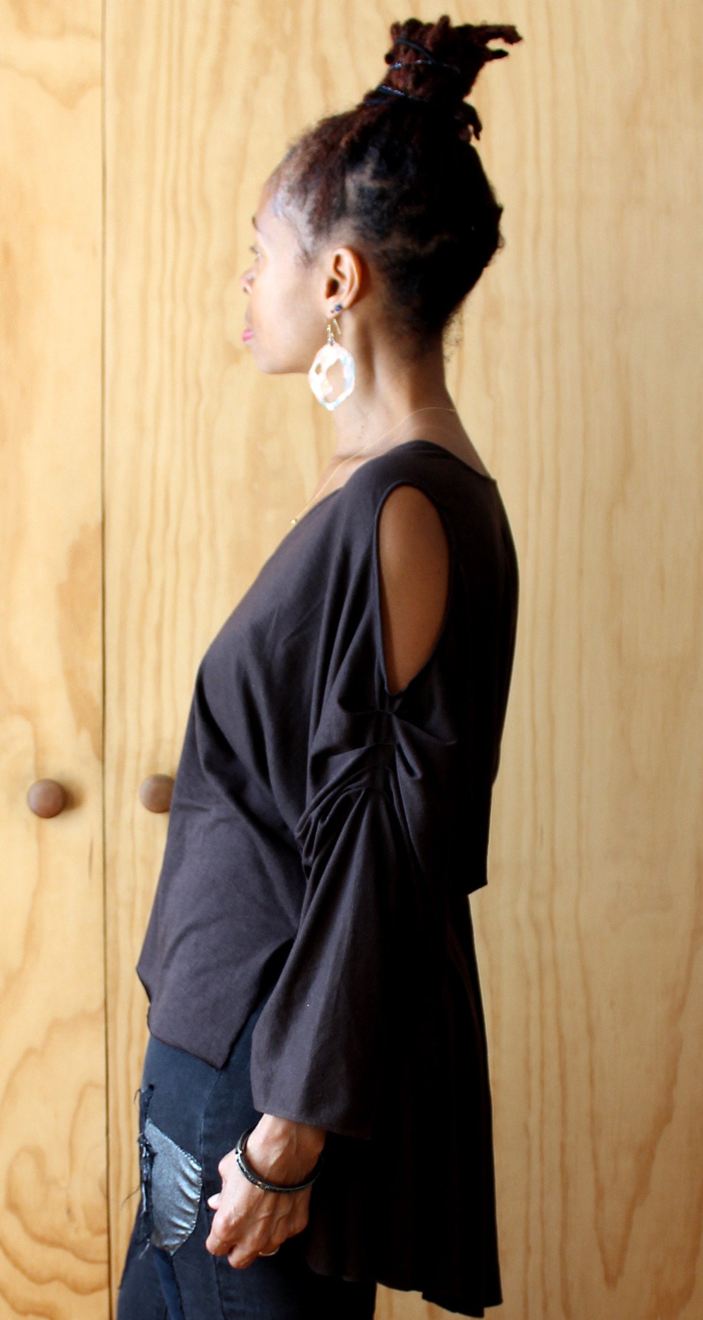 Brown jersey Long sleeve top ,v neck rayon jersey raw edge top, handmade by Cheryl Johnston