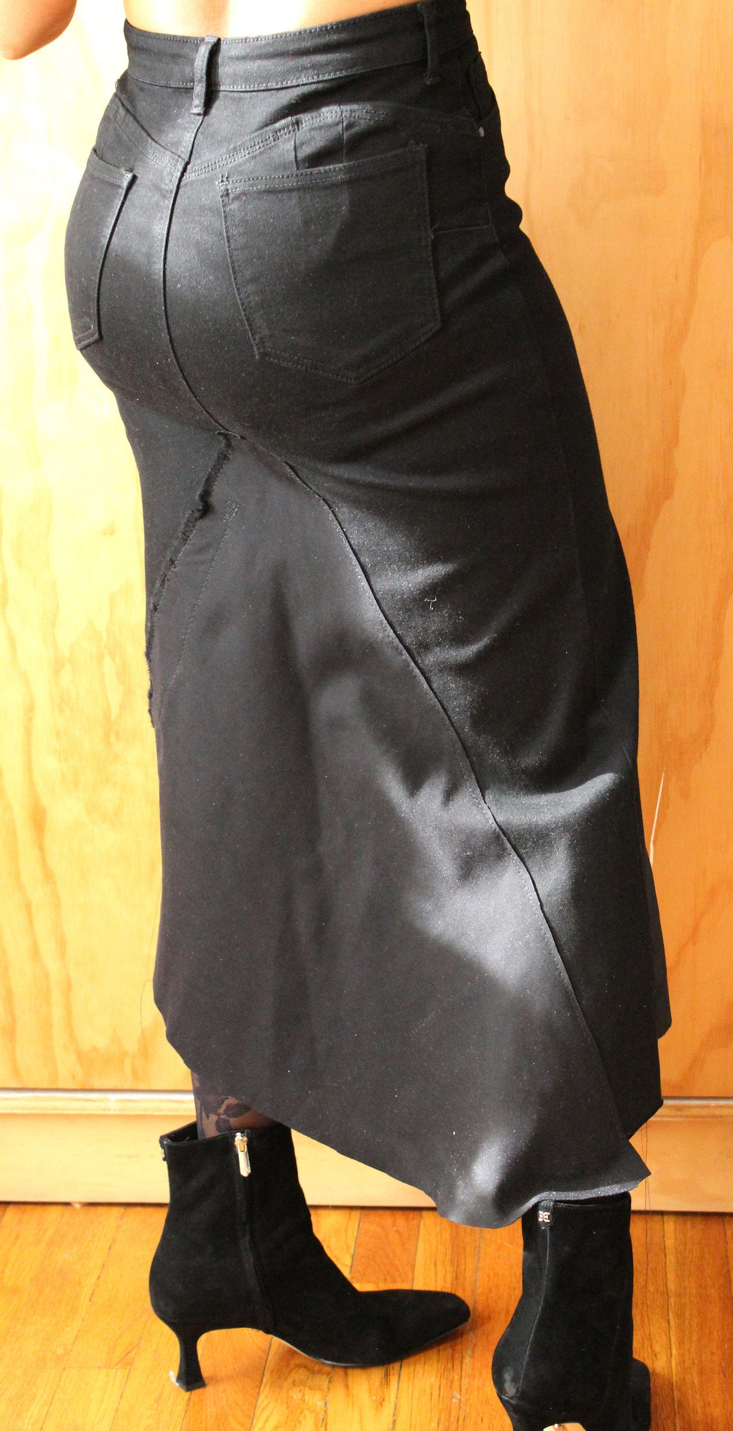 Upcycle size 8 ready to buy/waist 29/hip 40/length 29/stretch denim suede front insert/ preloved washed /by Cheryldine/Free shipping