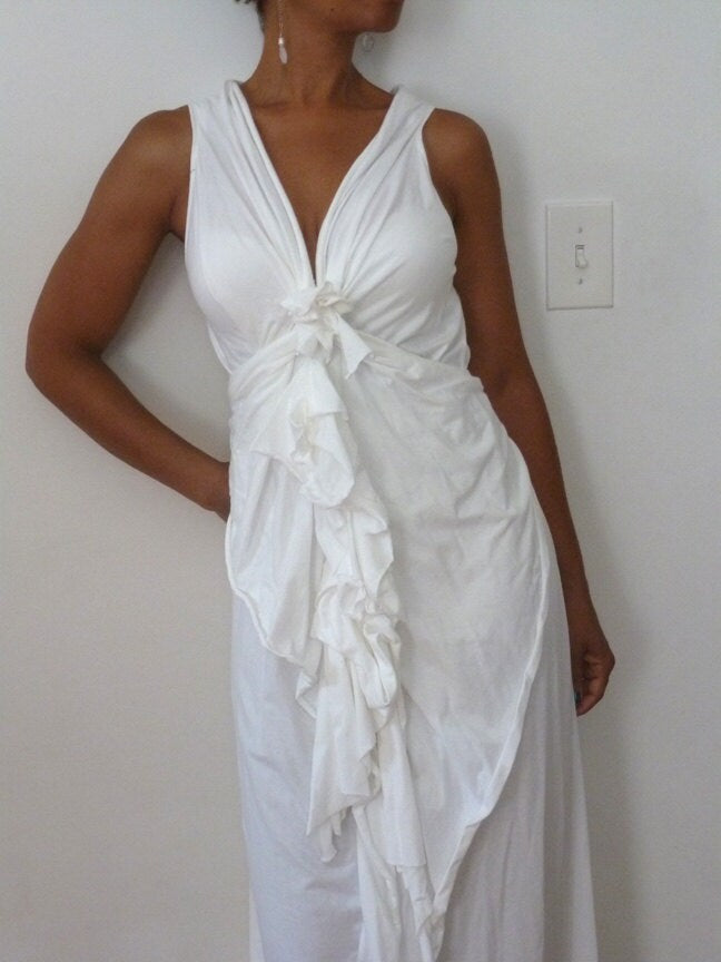 White Stretch Cotton Wedding Dress/V neck with ruffles down the front/back has drape piece/handmade by Cheryl Johnston/ one of a kind dress
