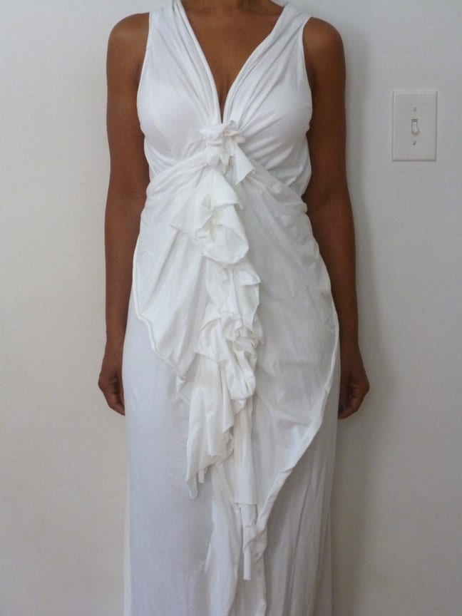 White Stretch Cotton Wedding Dress/V neck with ruffles down the front/back has drape piece/handmade by Cheryl Johnston/ one of a kind dress
