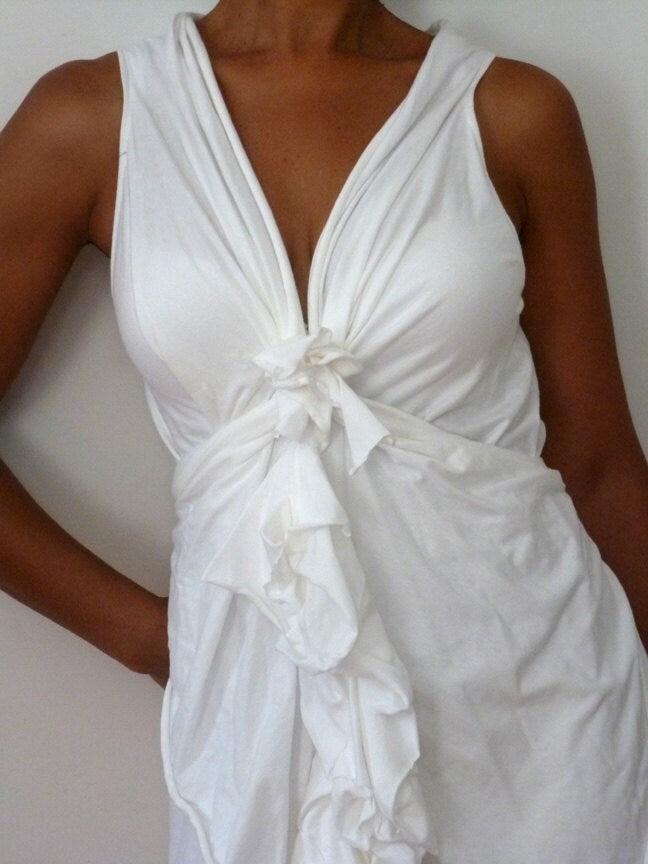 White Stretch Cotton Wedding Dress/V neck with ruffles down the front/back has drape piece/handmade by Cheryl Johnston/ one of a kind dress