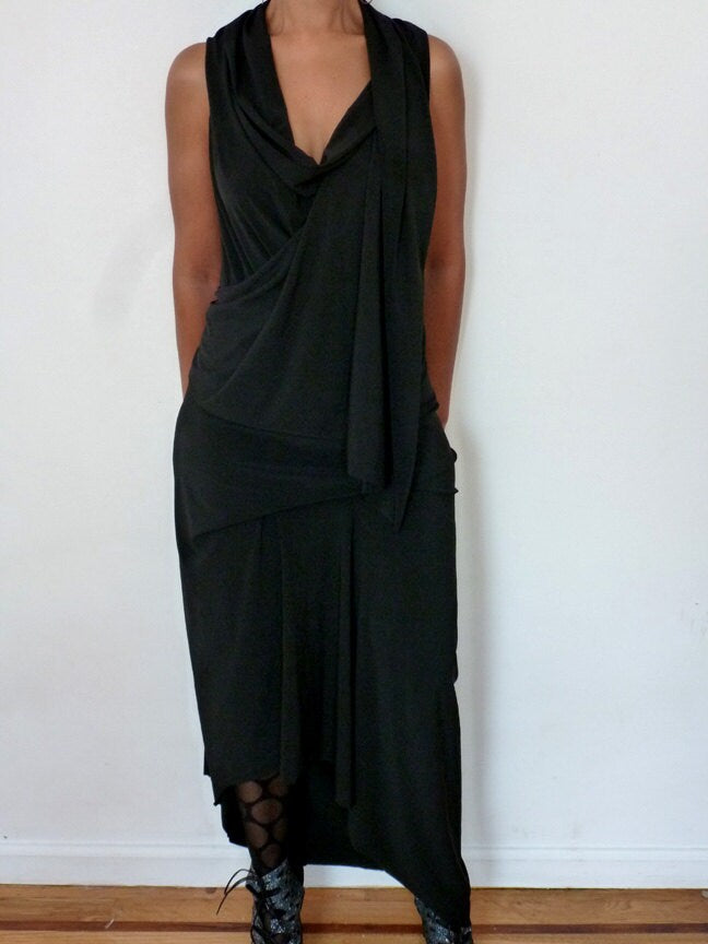 Jersey Cowl Neck faux wrap dress with shawl look on one side, elegant in all season. Slanted hemline. Designs by Cheryl Johnston