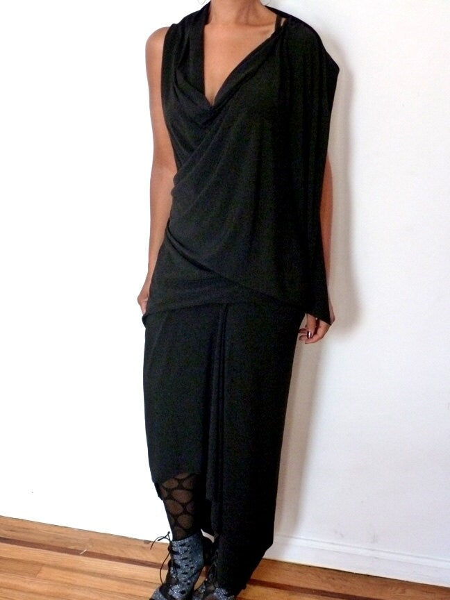 Jersey Cowl Neck faux wrap dress with shawl look on one side, elegant in all season. Slanted hemline. Designs by Cheryl Johnston