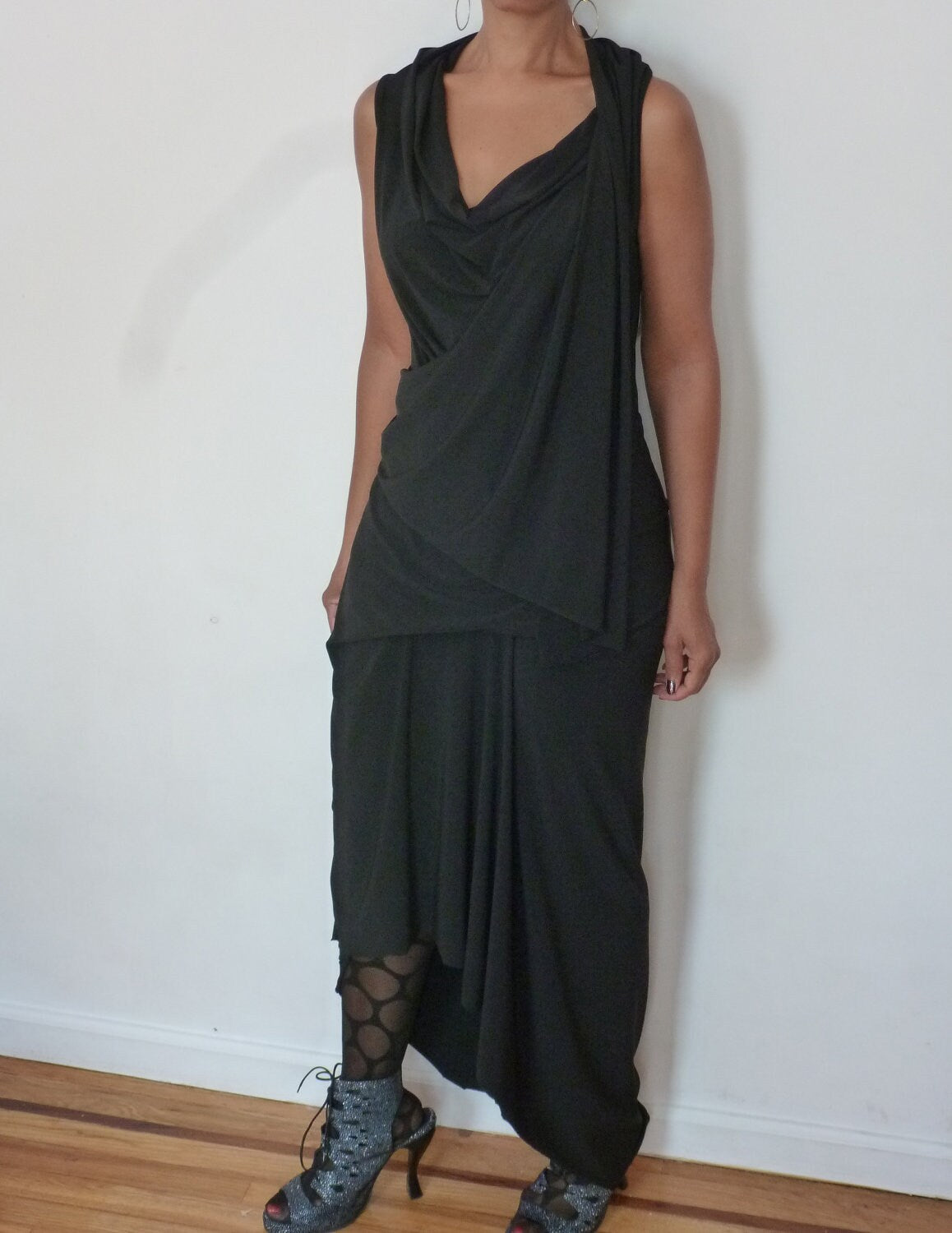 Jersey Cowl Neck faux wrap dress with shawl look on one side, elegant in all season. Slanted hemline. Designs by Cheryl Johnston