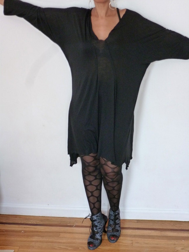 Roxy black Long Sleeve Rayon Jersey Tunic with raw edge and stitches,custom made/Long top/dress/long sleeve dress