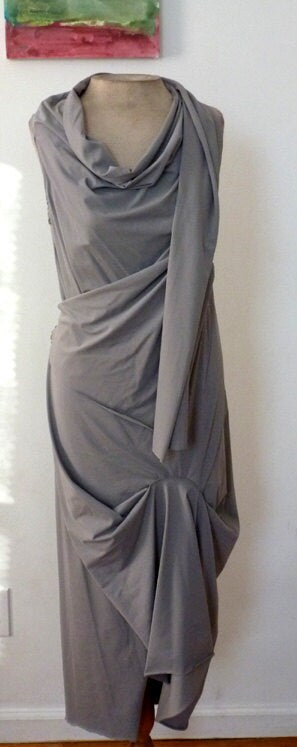 Jersey Cowl Neck faux wrap dress with shawl look on one side, elegant in all season. Slanted hemline. Designs by Cheryl Johnston