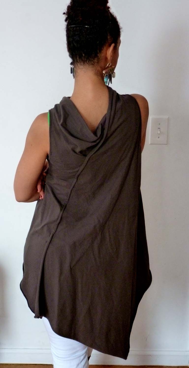Brown Rayon Cotton Top with short front and mid length back/sleeveless/ great with jeans or leggings, drape blouse