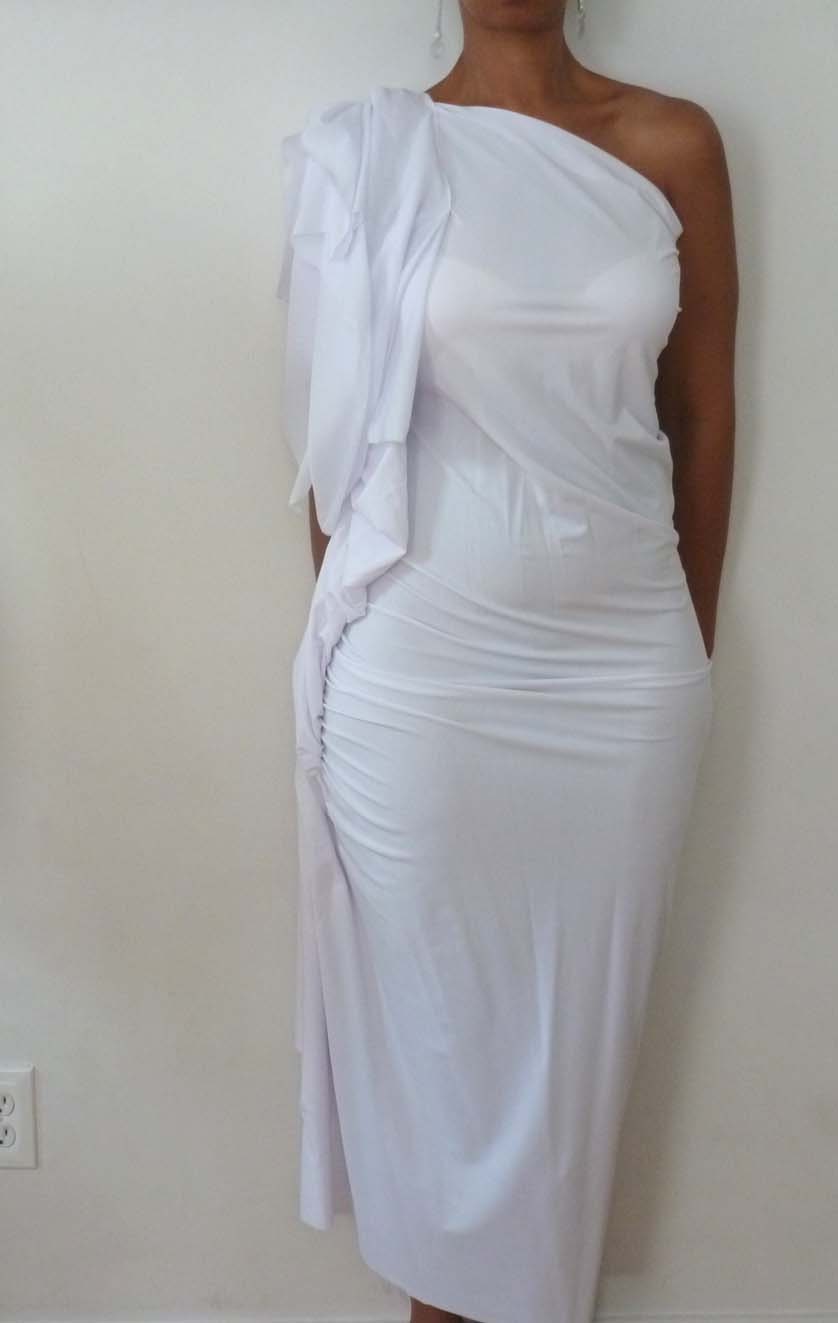 Wedding dress with tulle on sleeve/ity jersey or rayon jersey/ double for lining. long slightly fitted dress/one shoulder by Cheryl Johnston
