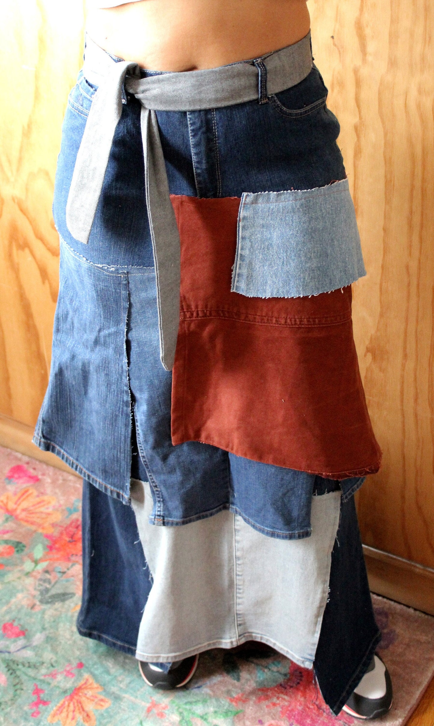 Twirl me around upcycle stretch denim skirt/ waist 32/hip 44/ length 42 denim handmade belt included/ fun streetwear and chic one of a kind