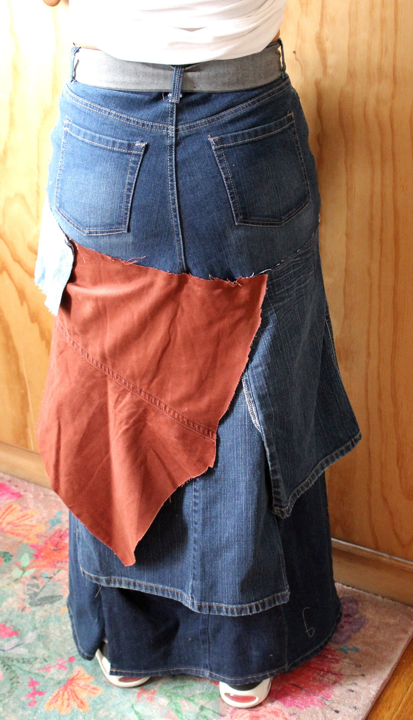 Twirl me around upcycle stretch denim skirt/ waist 32/hip 44/ length 42 denim handmade belt included/ fun streetwear and chic one of a kind