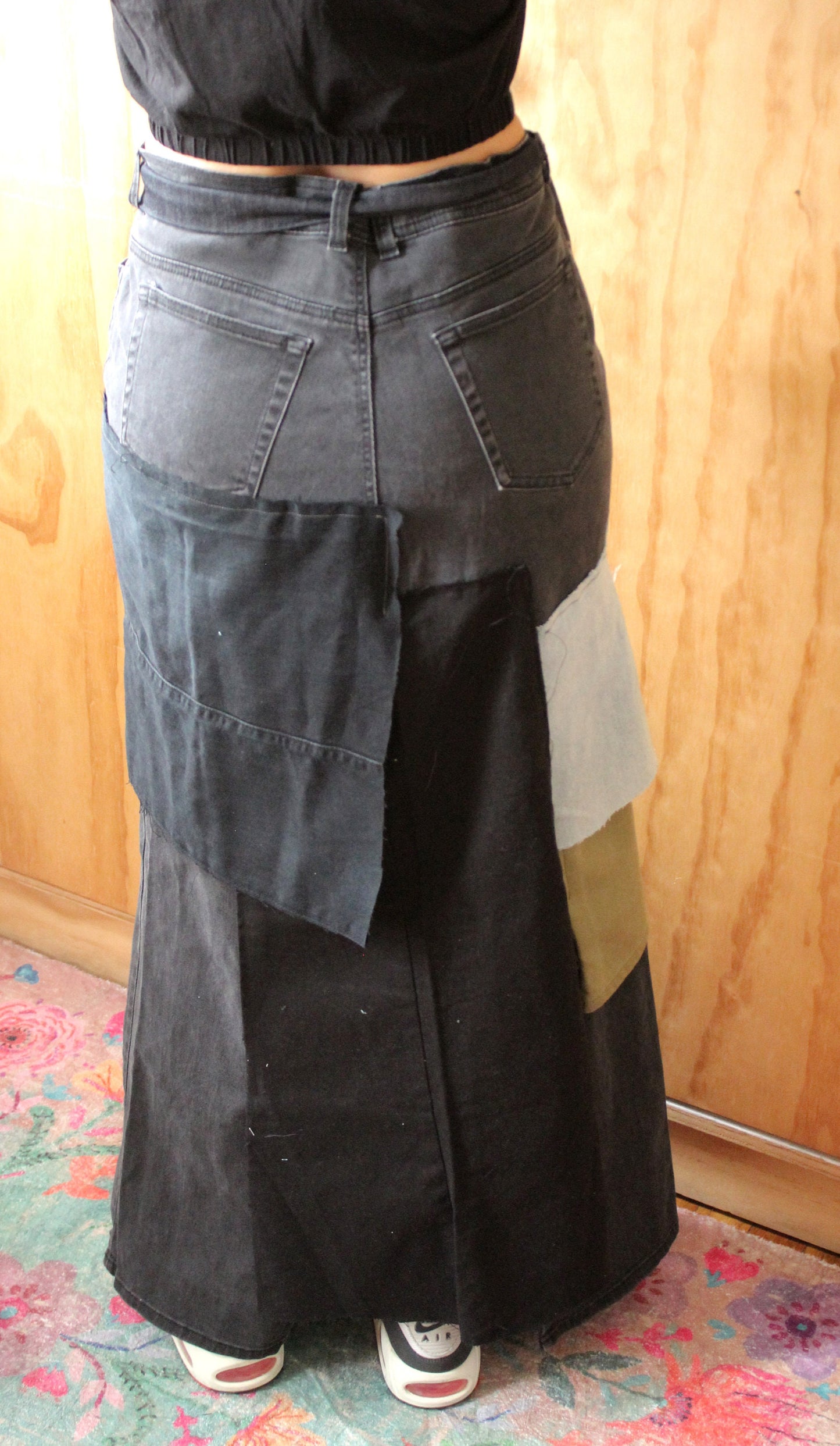 Dark daring upcycle denim slight stretch skirt/ waist 36/ hip 44/ length 42 handmade denim belt included/ streetwear and chic one of a kind