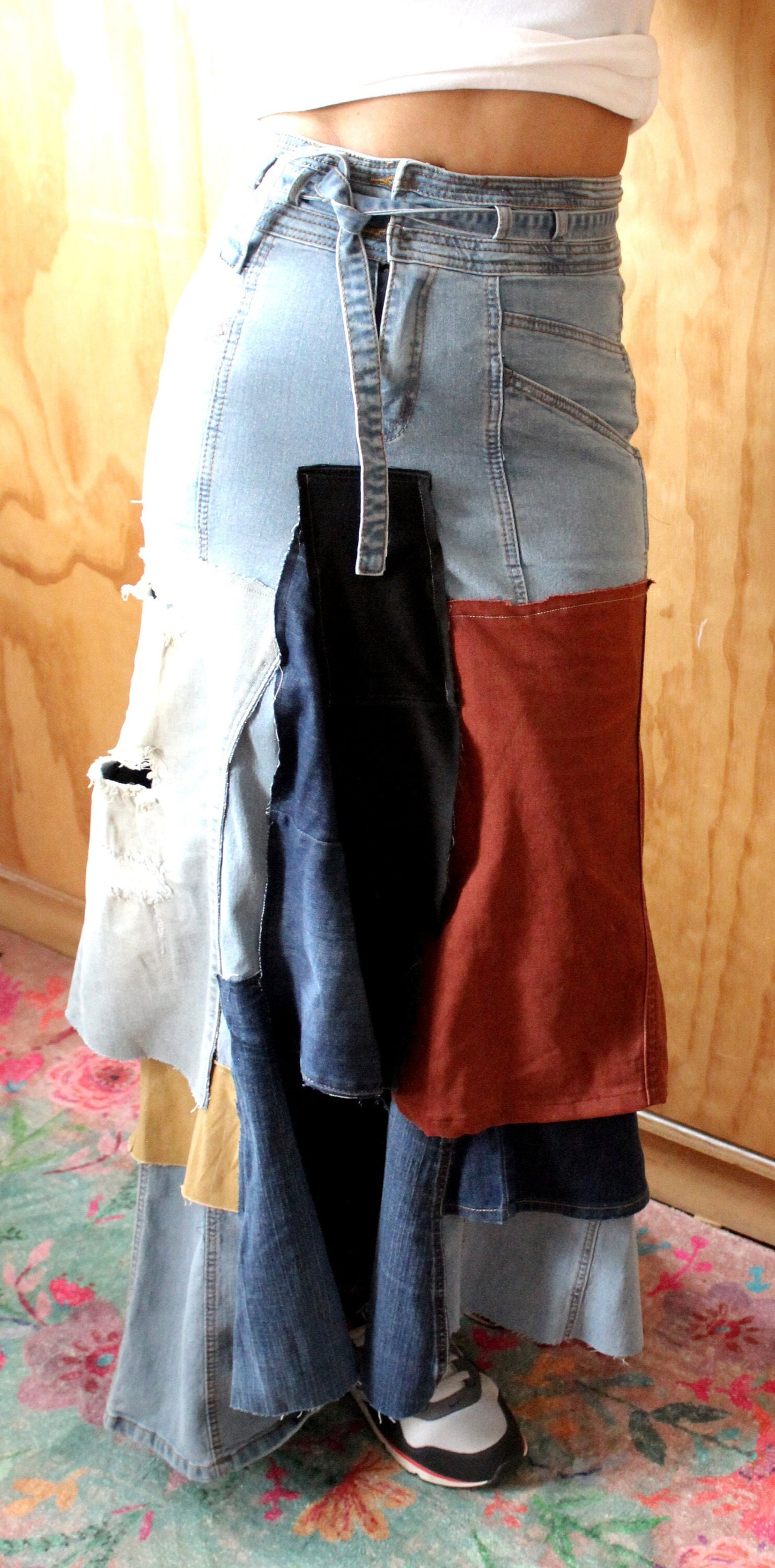 As I am upcycle stretch denim skirt/ waist 29/hip 40/ length 44 /size 6-9 streetwear and chic one of a kind/ reconstruct by Cheryl