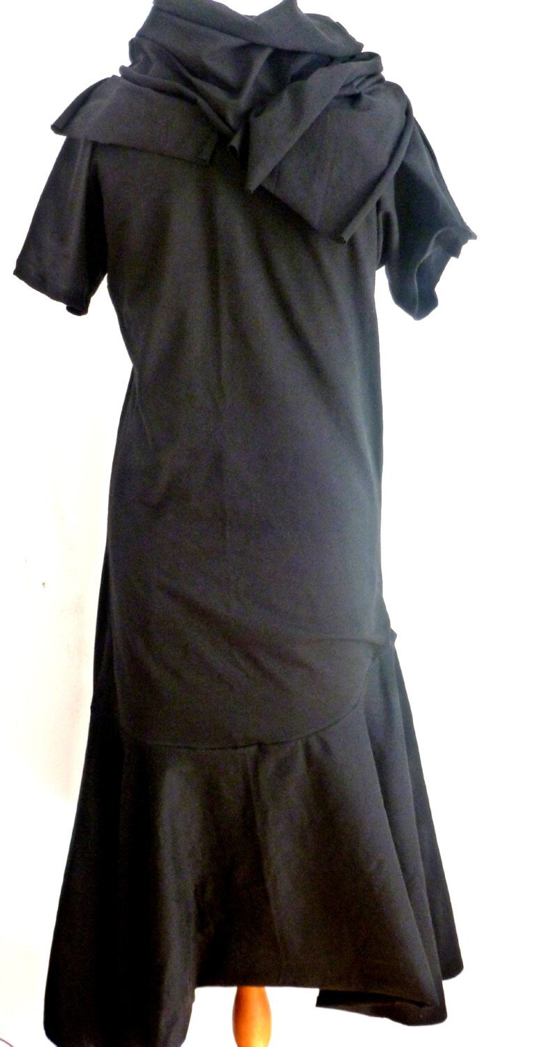 Black cotton spandex dress with flounce and high neck collar