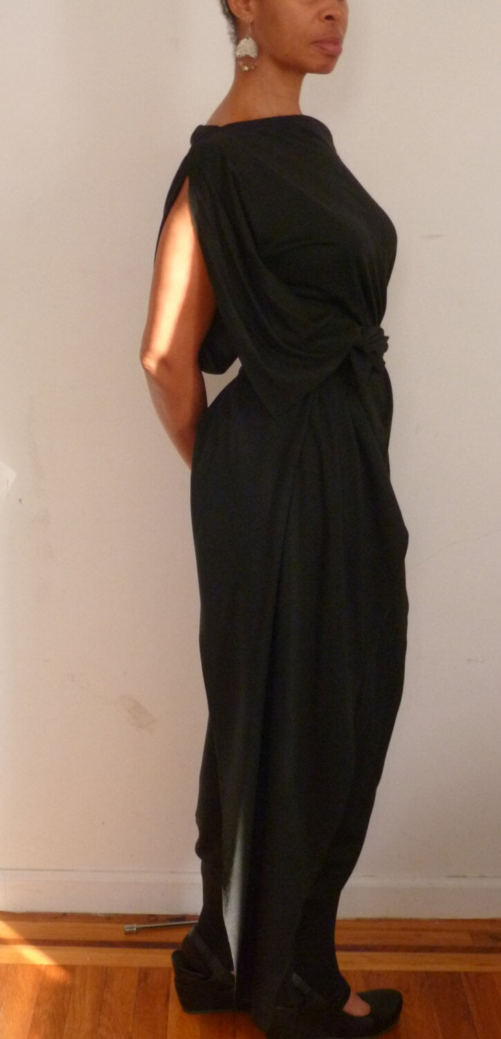 Black Long or knee length faux wrap dress with attached belt/ Asymetrical hemline/ fabric light knit or cotton spandex