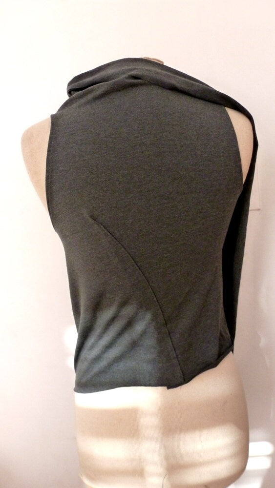 Gray cotton spandex sleeveless top with pleated details is made by Cheryl Johnston