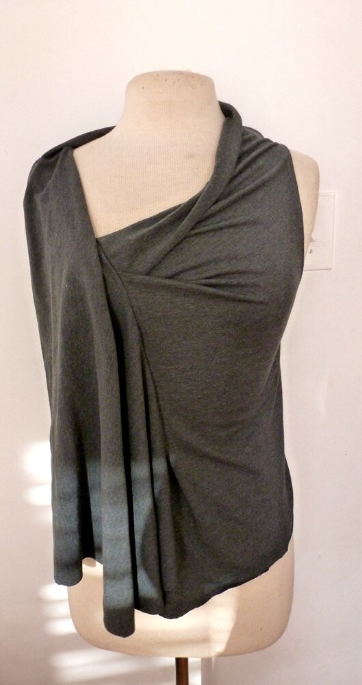 Gray cotton spandex sleeveless top with pleated details is made by Cheryl Johnston