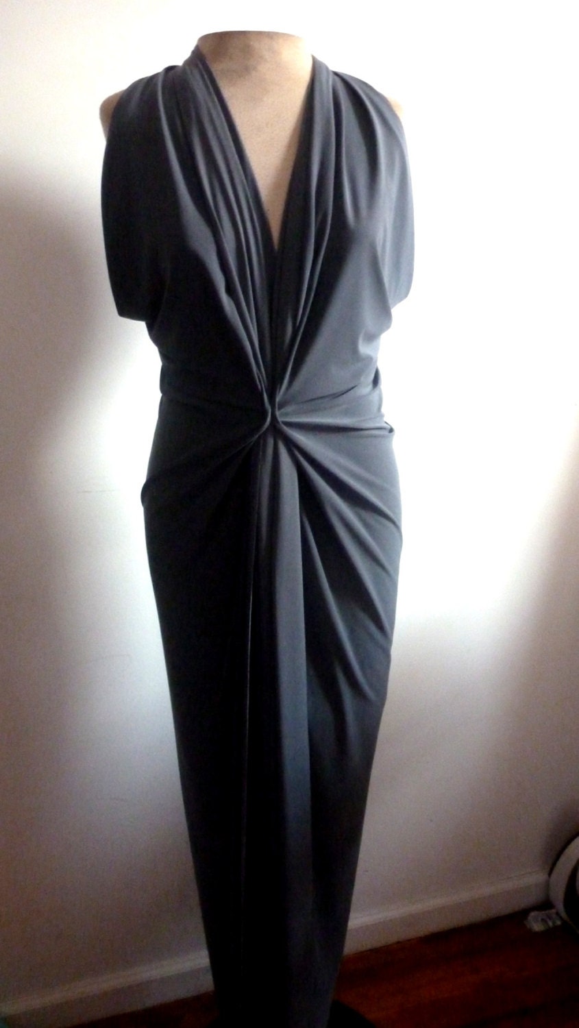 Gray V neck jersey loose drape dress