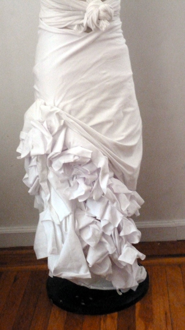 White cotton spandex wedding dress with dramatic fabric manipulation/ ruffles cascading front to back/one of a kind/ anysize can be made