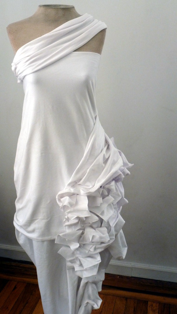 White cotton spandex wedding dress with dramatic fabric manipulation/ ruffles cascading front to back/one of a kind/ anysize can be made
