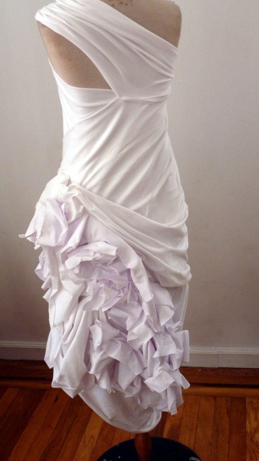 White cotton spandex wedding dress with dramatic fabric manipulation/ ruffles cascading front to back/one of a kind/ anysize can be made