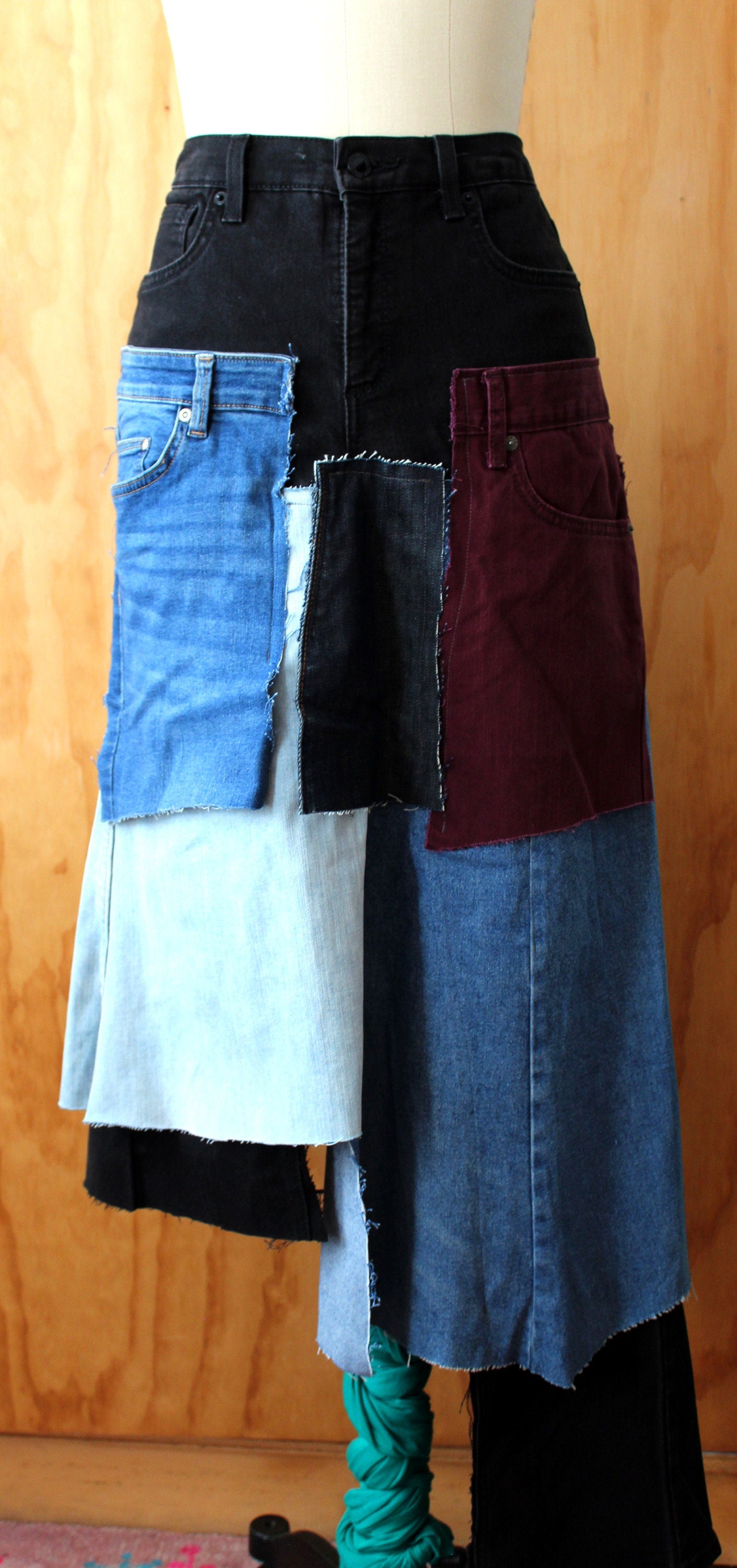 Black denim patch upcycle denim slight stretch skirt/ waist 28-31/ hip 37-40/ length 30" and long side 40"/ streetwear chic one of a kind