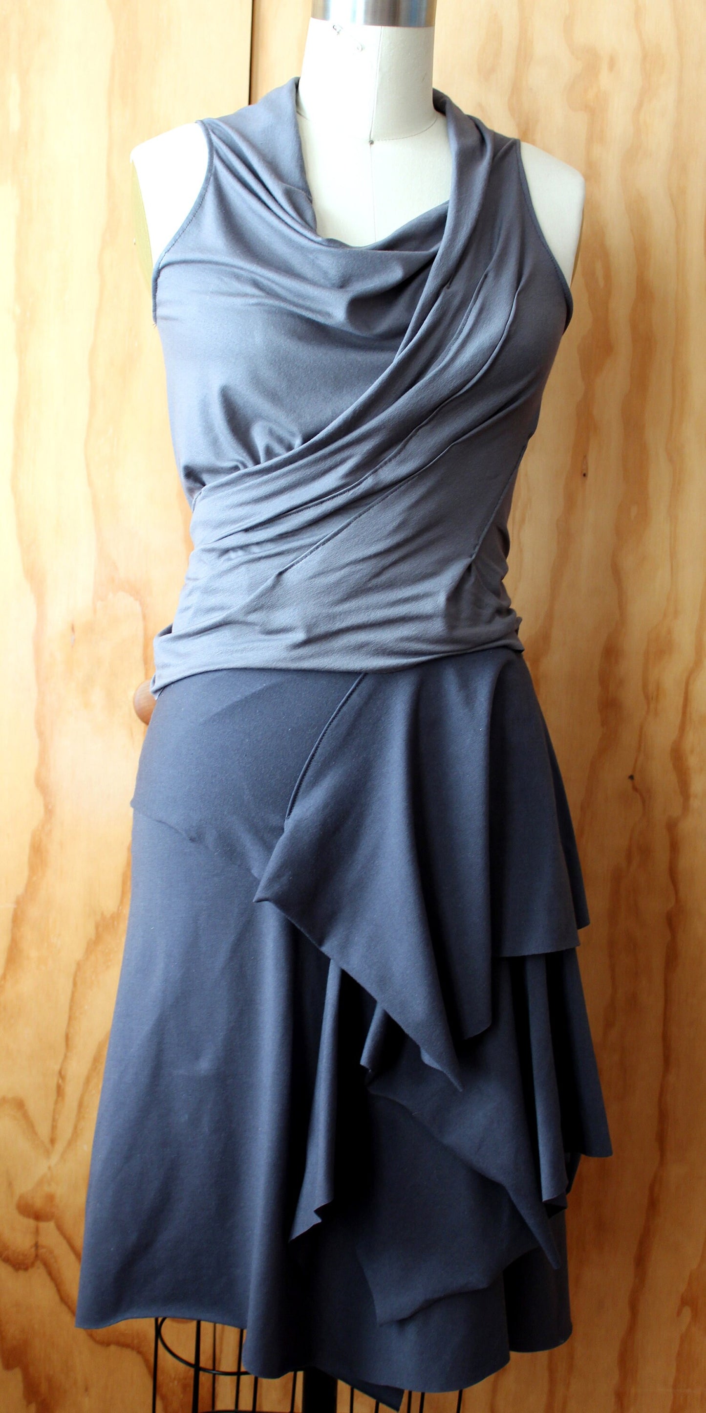 Gray short cowl fitted top with stitch detail with raw edge