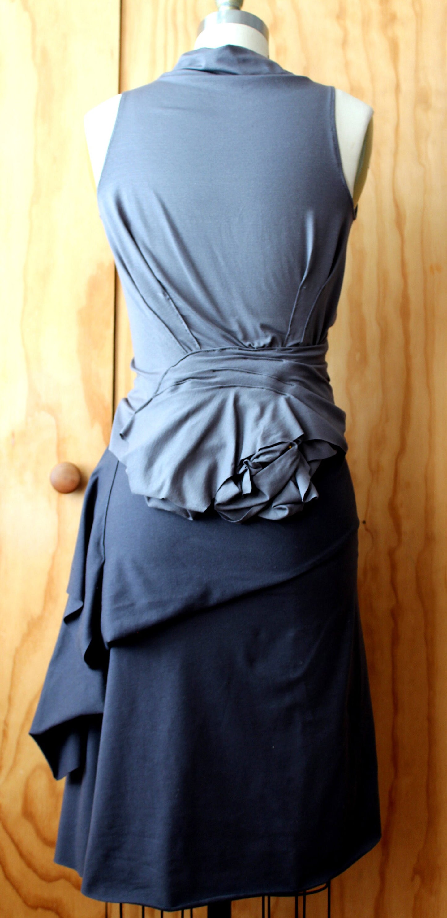 Gray short cowl fitted top with stitch detail with raw edge