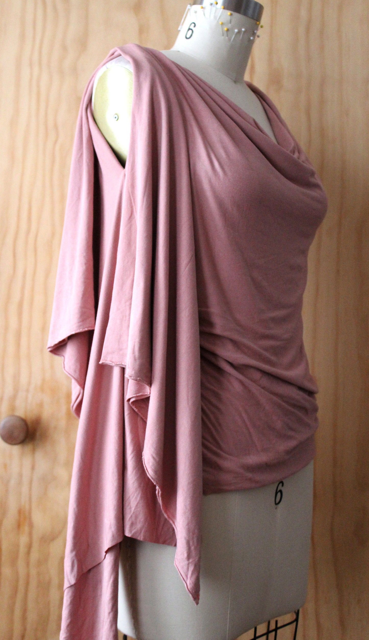 Light rose cowl/fabric is doubled to give a drapey look/ with raw edge/color may not be available/ free shipping, inquire about color