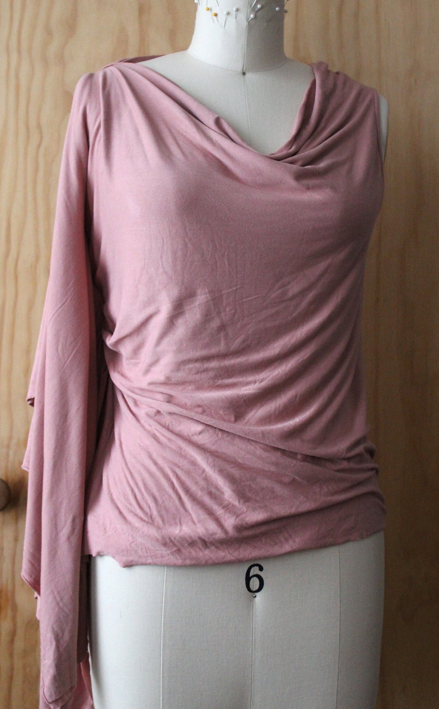 Light rose cowl/fabric is doubled to give a drapey look/ with raw edge/color may not be available/ free shipping, inquire about color