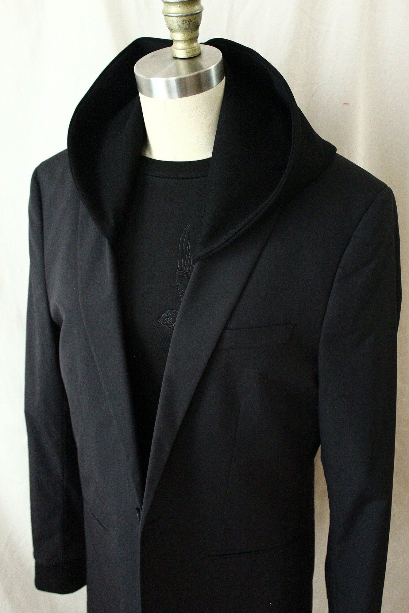 Jacket, Black viscose Hooded Blazer with knitted cuffs repurposed, one of a kind. Designed, tailored by Wendel Johnston.