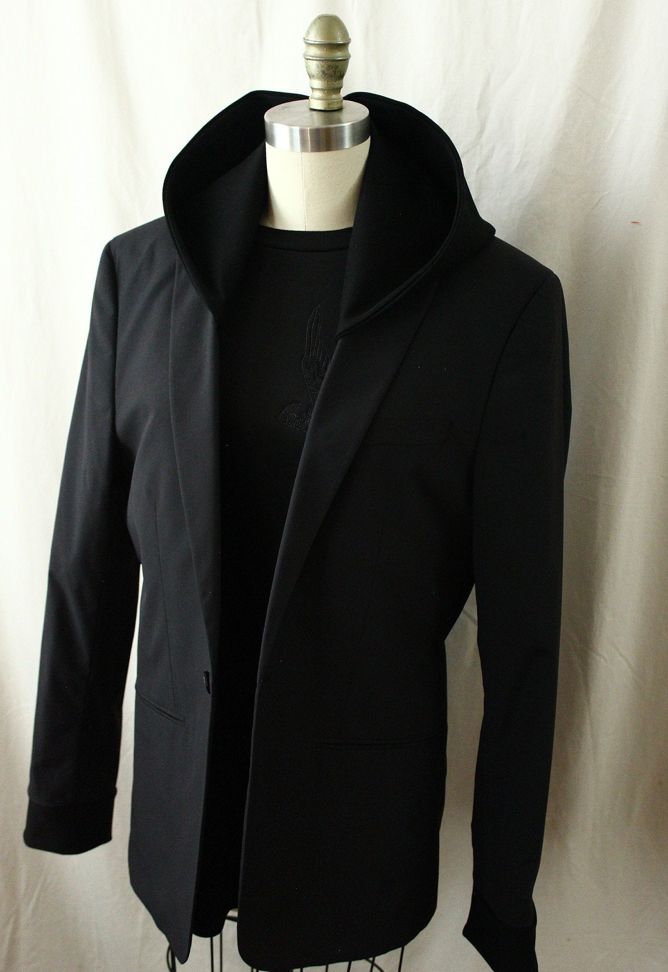 Jacket, Black viscose Hooded Blazer with knitted cuffs repurposed, one of a kind. Designed, tailored by Wendel Johnston.