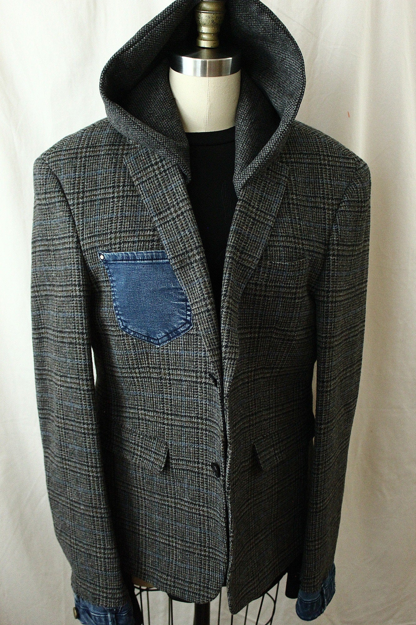 Jacket, plaid Grey wool Tweed Hooded Blazer with denim cuffs repurposed, one of a kind. Designed and tailored by Wendel Johnston.