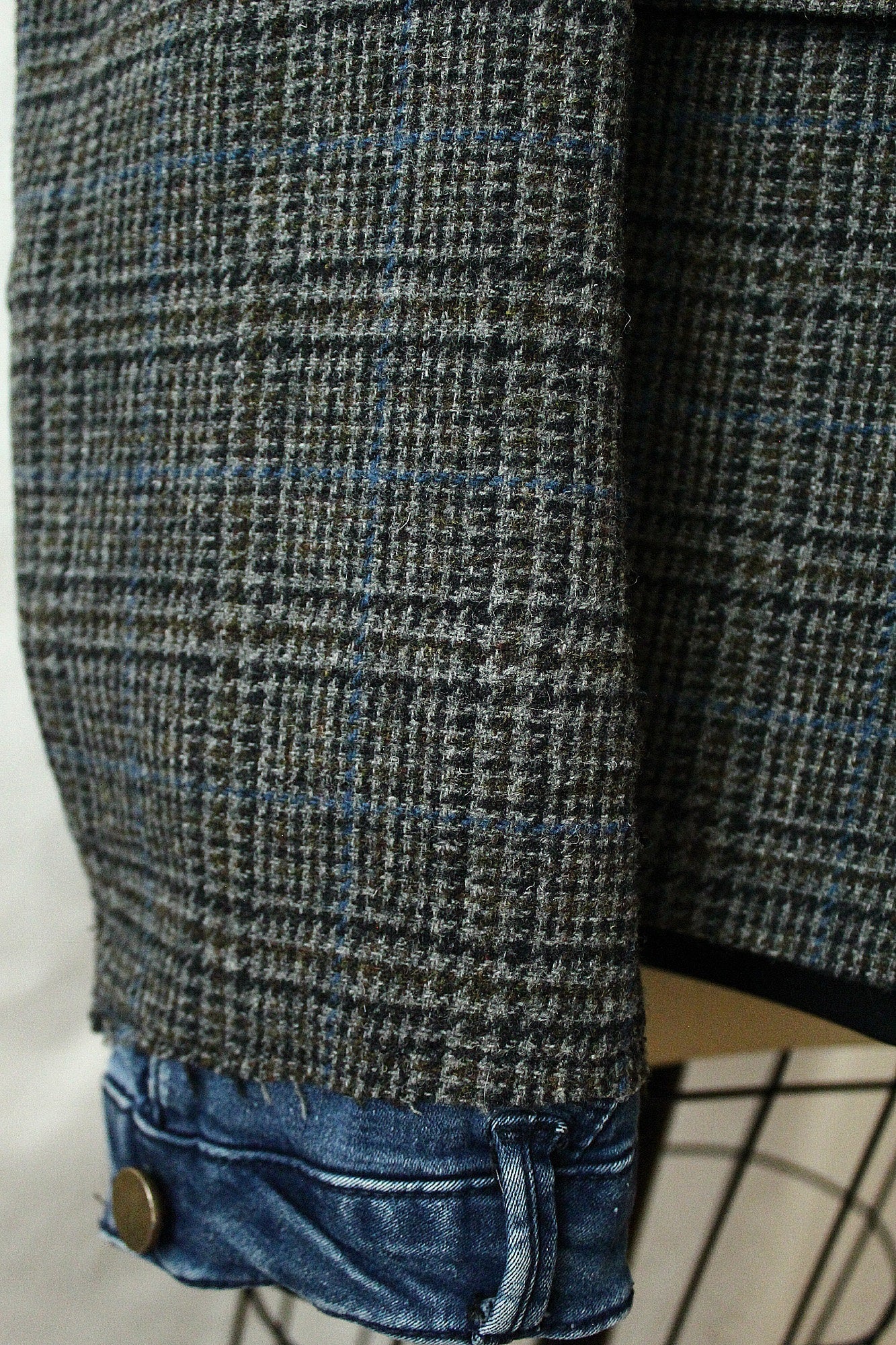 Jacket, plaid Grey wool Tweed Hooded Blazer with denim cuffs repurposed, one of a kind. Designed and tailored by Wendel Johnston.