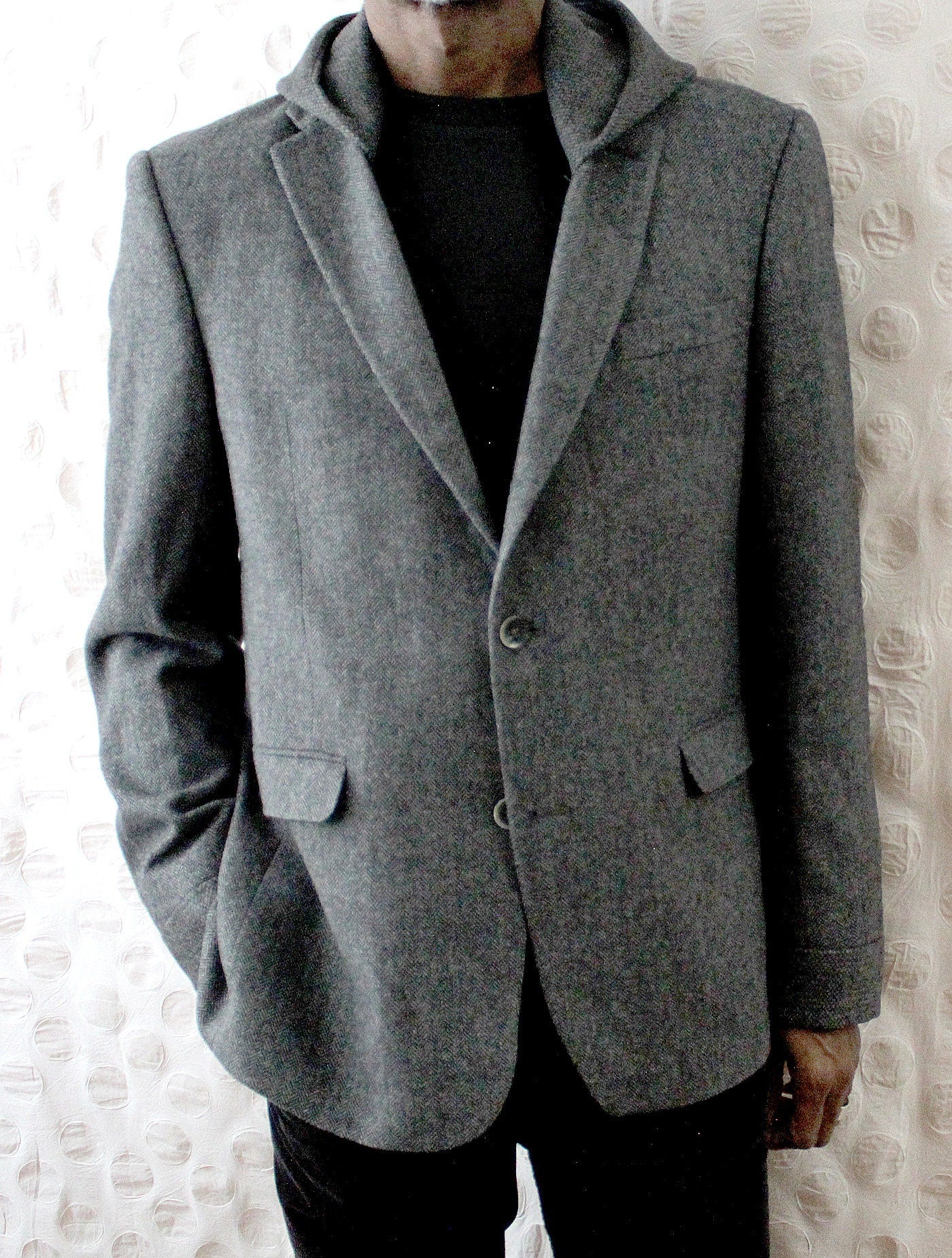 Blazer, Grey wool Hooded Blazer with wool cuffs, repurposed, one of a kind. Designed and tailored by Wendel Johnston.